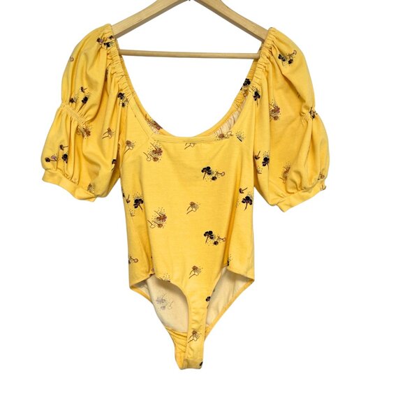 Free People Bodysuit Top Womens S Butter Yellow Milkmaid Babydoll Puff Sleeve - Picture 6 of 11